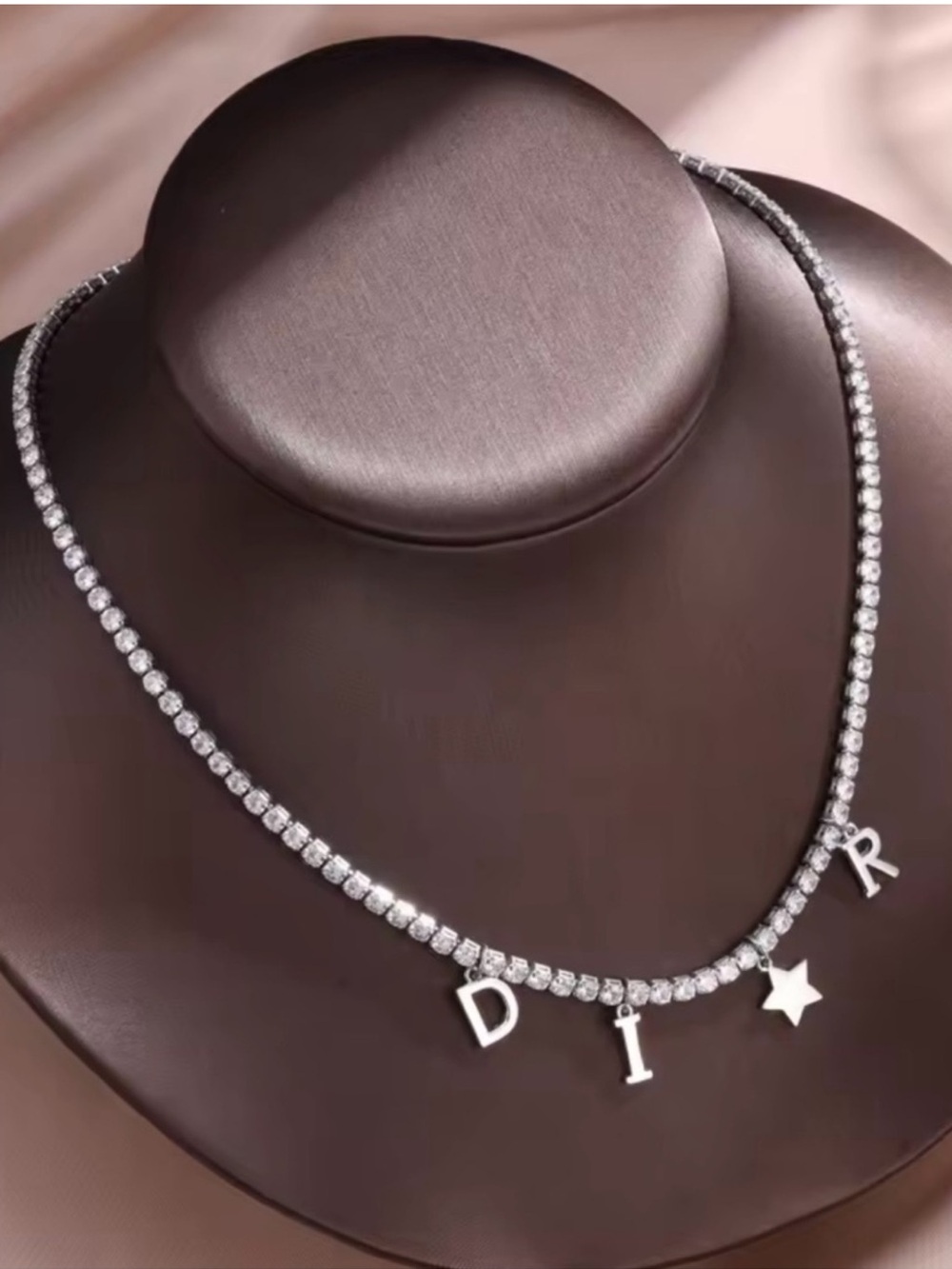 Macy's Silver Crystal Tennis Necklace with D I R Letter and Star Charms